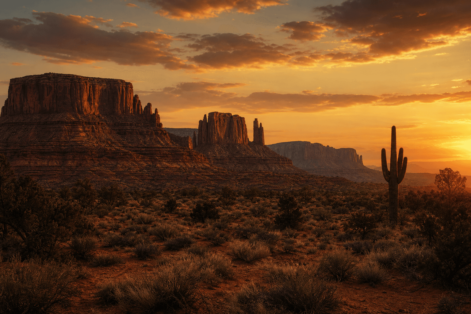 Southwest US desert at sunset — red-rock mesas and buttes silhouetted against a warm amber sky, saguaro cactus in the foreground.